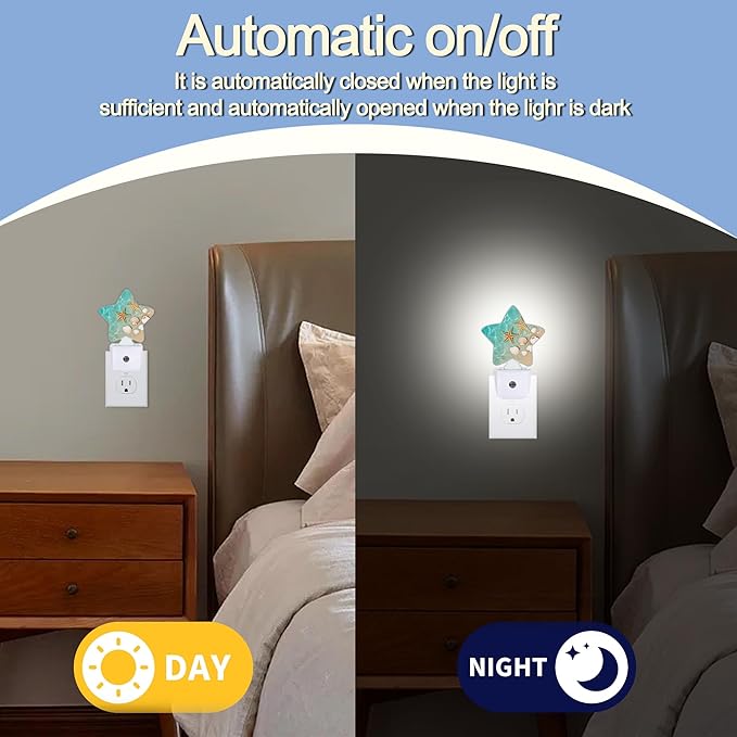 Night Light,Beach Starfish Shell Plug into Wall with Dusk to Dawn Light Sensors,Coastal Summer Warm Star Nightlights for Bedroom,Bathroom,Hallway,Kitchen Home Decor Desk Lamp