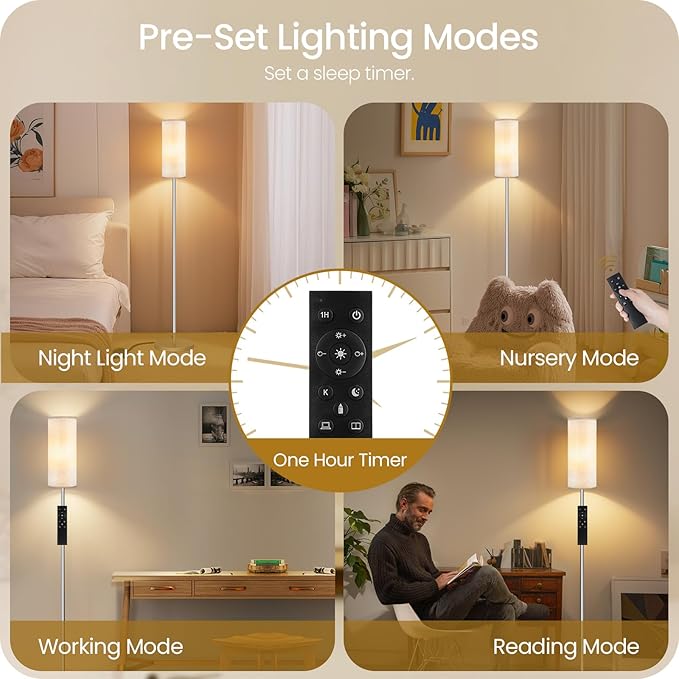 Dimmable Floor Lamps for Living Room with Remote and Foot Switch, 64.4” Modern Standing Tall Lamp, Corner Lamp for Office, Bulb Included, 3000K-6500K, Silver and Off-White SW06LD05W1