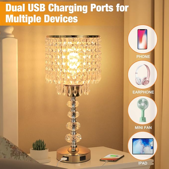 Acaxin Crystal Table Bedside Lamp Touch Control, 3-Way Dimmable Small Nightstand Lamp with 2 USB Charging Ports, Decorative Gold Tabletop Lamp for Bedroom, Living Room and Guest Room