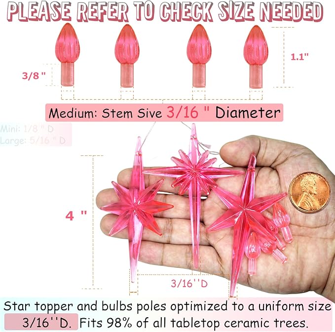 Ceramic Christmas Tree Replacement Lights Bulbs, Pink Medium Twist Plastics Pegs Ornaments for Ceramic Tree(87 Bulbs＆ 3 Topper Star)