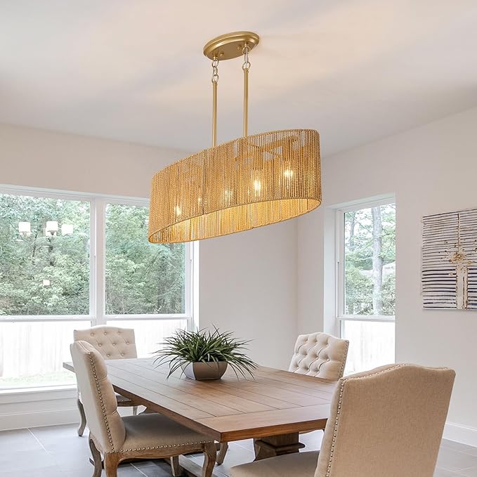 Dining Room Light Fixture 5 Light Rattan Kitchen Island Lighting with Adjustable Gold Boho Chandelier Farmhouse Hanging Pendant Light for Living Room Bar Restaurant
