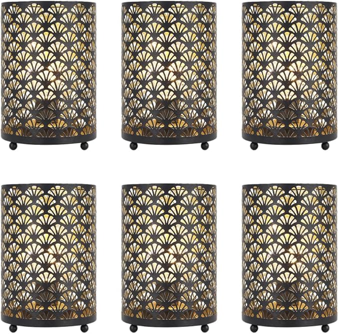 TRIROCKS Set of 6 Table Lamp 6.5'' Tall Metal Cordless Table Lamp Bronze Lanterns with Warm Fairy Lights Bulb for Patio Garden Wedding Parties Indoor Outdoor(Scalloped Hollow Pattern)