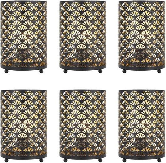 TRIROCKS Set of 6 Table Lamp 6.5'' Tall Metal Cordless Table Lamp Bronze Lanterns with Warm Fairy Lights Bulb for Patio Garden Wedding Parties Indoor Outdoor(Scalloped Hollow Pattern)