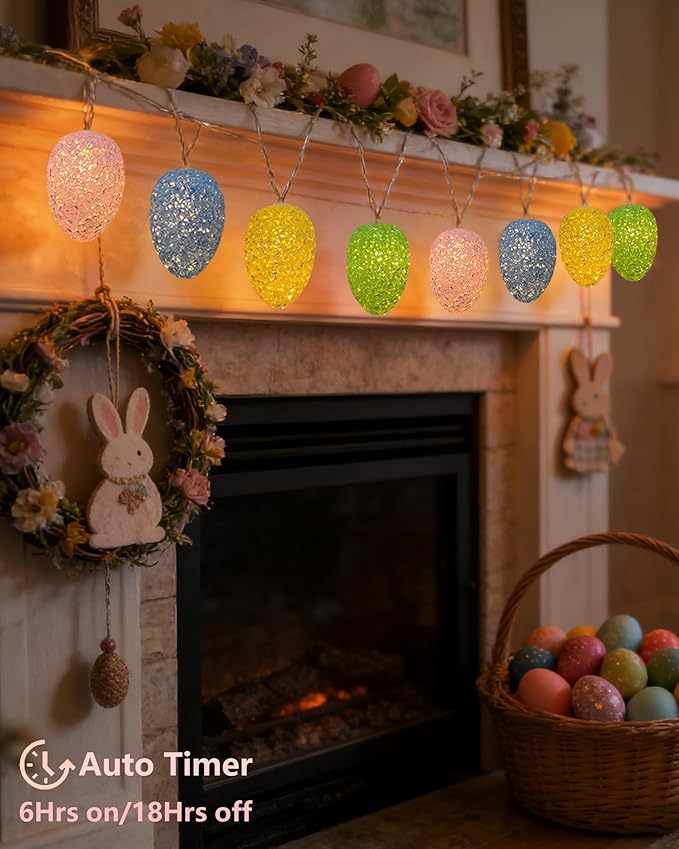 Easter Egg Lights Battery Operated 6.8Ft Easter Lights String 10 LED Egg Shaped Light with Timer, 8 Mode Pastel Decorations Light for Indoor Bedroom Home Party Fireplace Spring Themed Decor