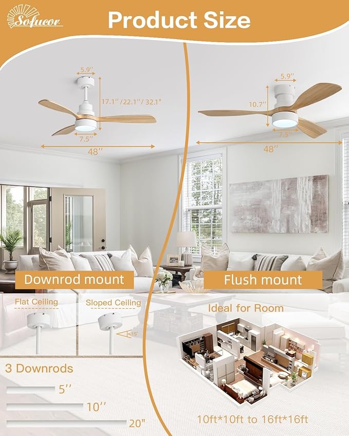 Sofucor 48 Inch Smart Ceiling Fans with Lights-Flush Mount & Downrod Mount Modern Outdoor Ceiling Fans with Alexa/Google Assistant/APP/Remote Control for Bedroom/Farmhouse/Patio, White & Natural Wood