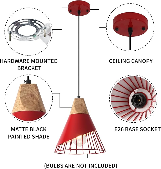 Farmhouse Pendant Light 9.4ines, 2 Packs- Red Industrial Kitchen Pendant Lights for Kitchen Island, Bar, Bedroom, Office, Library