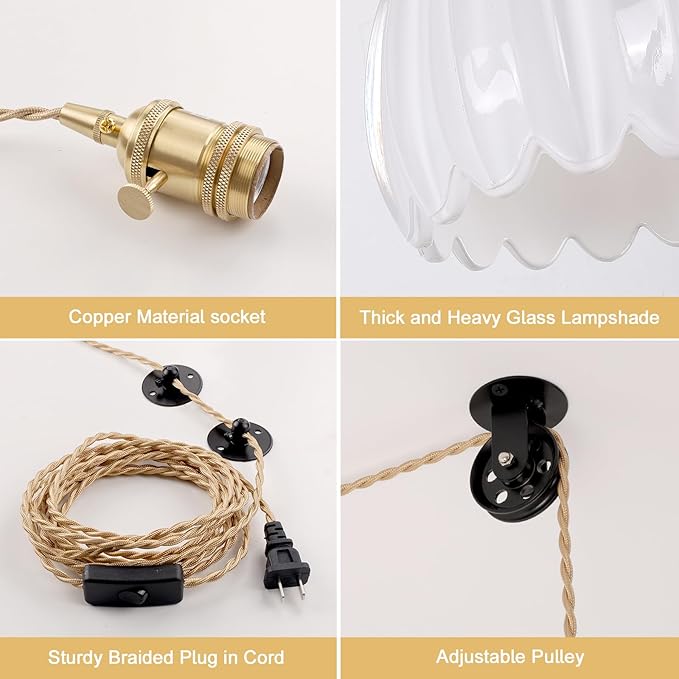 Mini Plug in Pendant Light Hanging Light Fixture Corded On/Off Switch Brass Pendant Light with White Tulip Glass Lampshade for Bedroom Living Room Kitchen Island