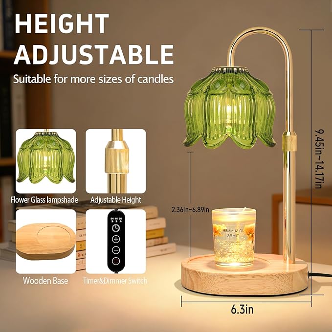 Flower Candle Warmer lamp with Timer Dimmer,Adjustable Height Candle Warmer,Fits All Jar Scented Candles,Christmas Gifts for Mom Women,Candle Lamp for Bedroom Home Decor Green-01