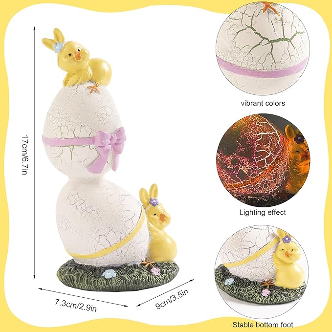 Lighted Easter Eggs Chicks Figurines, 6.5" H Purple Green Resin Light Up Decorative Egg Small Statue Table centerpieces Decor Indoor, Cute Spring Tabletop Mantel Shelf Desk Home Decorations
