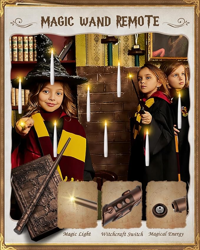 Floating Candles with Wand 10PCs - Magic Hanging Candles Christmas Decorations Flameless Taper Candles with Remote, Floating Lights Gifts for Window Home Bedroom Wedding Birthday Party Indoor Decor