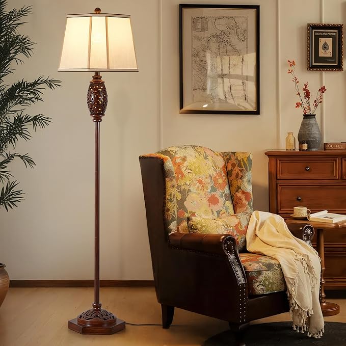 Luvkczc Vintage Floor Lamp - Brown Carved Resin with Hollow Light Design, Rustic Standing Lamp for Living Room, Bedroom, Study(Bulb Included)