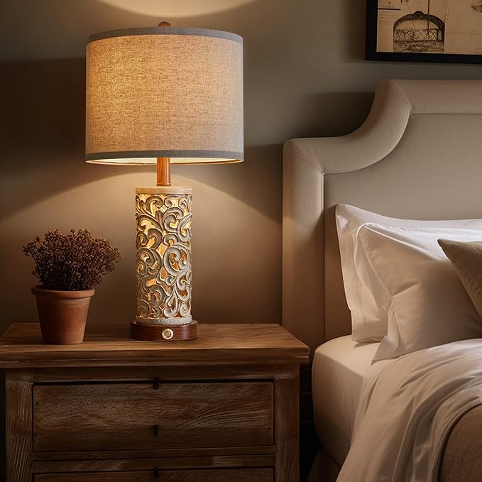 OYEARS 3-Way Dimmable 22'' USB A+C Touch Control Table Lamp Set of 2 with Nightlight for Living Room Bedroom Farmhouse Bedside Nightstand Lamps (Brown, Bulb Included)