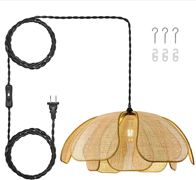 Boho Chandelier, Hemp Rope Pendant Light Hand-Woven Rattan Hanging Lamp Wicker Retro Light Fixtures for Hallway Entryway Kitchen Island Dining Room Bedroom(1-Pack)