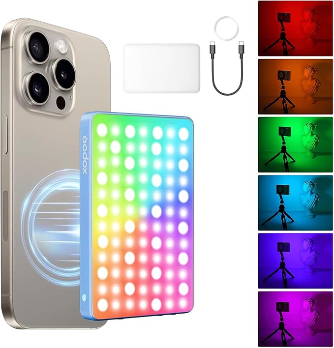 GODOX MA5R LED Fill Light with Soft Diffuser Magnetic Charging Phone Selfie Lighting Mini on Camera Lights 1800K-10000K 14 FX Modes for Selfies, YouTube, TikTok, Vlogging, Video Conferences (Blue)