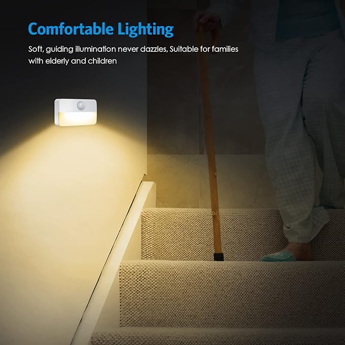 AMIR 2 Pack Mini Motion Sensor Stair Light for Indoor, Battery-Powered LED Night Light, 40 Lumen 3000K, Cordless Closet Lights, Safe Lights for Stairs, Hallway, Bathroom, Kitchen, Cabinet