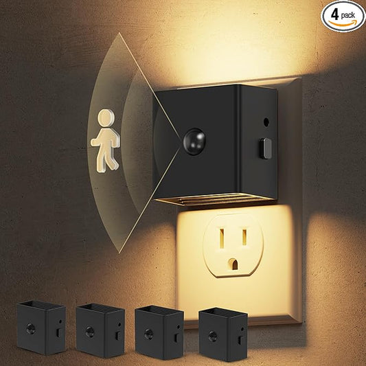 L LOHAS LED Motion Sensor Night Light,[4-Pack] Plug in Night Light with Dusk to Dawn Sensor,Brightness Adjustable,3000K Soft White Nightlight for Bathroom Hallway Kitchen