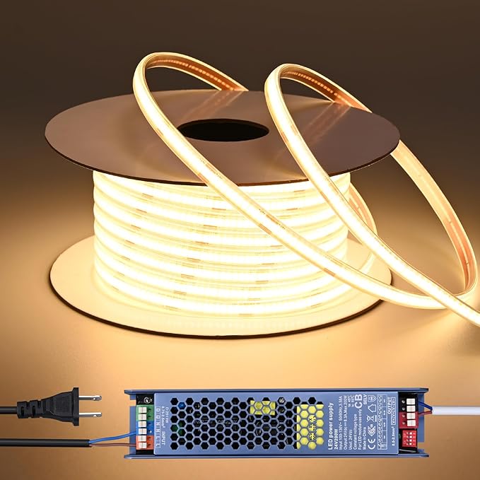 24V COB LED Strip Lights Outdoor Waterproof 65.6FT, 3000K Warm White Dimmable IP67 CRI 93 LED Rope Light with Power Supply for Bedroom Living Room Garden Commercial House