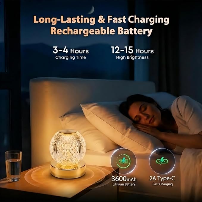 Rechargeable Crystal Bedside Lamp, Cordless Table Lamp with Remote & Touch Control, 3600mAh Fast Charging, 3 Color Dimmable Wall Mountable Night Light for Bedroom Home Decor(Gold)