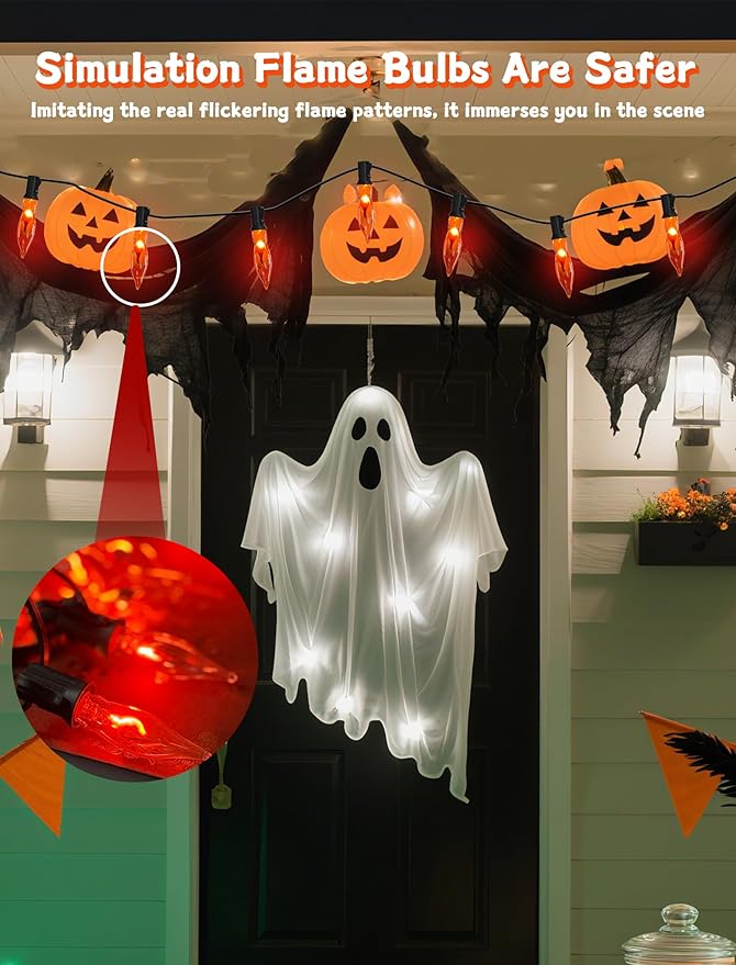 Orange Flickering Flame Light Bulbs with E12 Base, 12 Pack C18 Halloween Light 1W, Candelabra Night Light Bulbs for Halloween String Light,Electric Window Candle Light,Halloween Chandelier