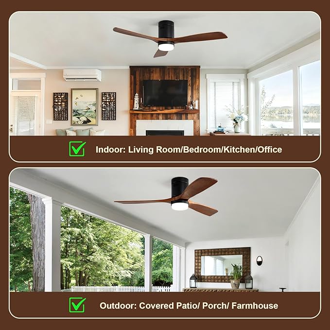 Sofucor 52 Inch Smart Ceiling Fans with Lights, Flush Mount Ceiling Fan with Lights Remote Control, Work with Alexa/Google/App, Quiet DC Motor, 3 Blade Solid Wood Ceiling Fan for Bedroom Kitchen Patio
