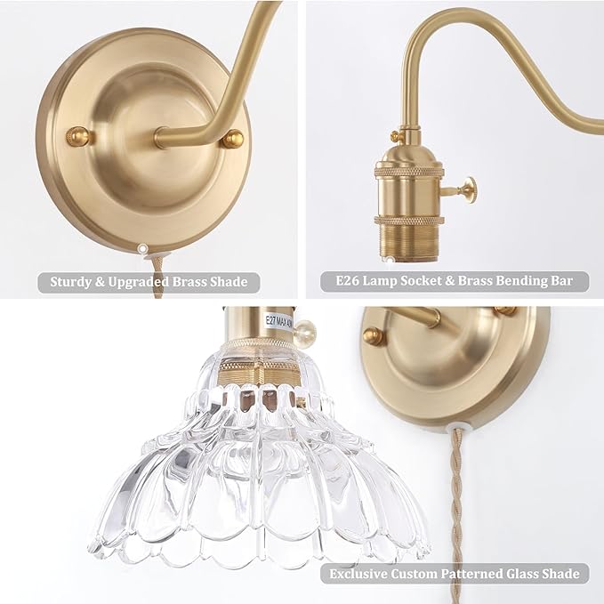 Plug in Wall Sconce Set of 2, Gold Vintage Wall Decor Lights with Clear Lily Glass Shade, Indoor Brass Corded Wall Lamp Fixture for Bedroom Living Room Bathroom Hallway