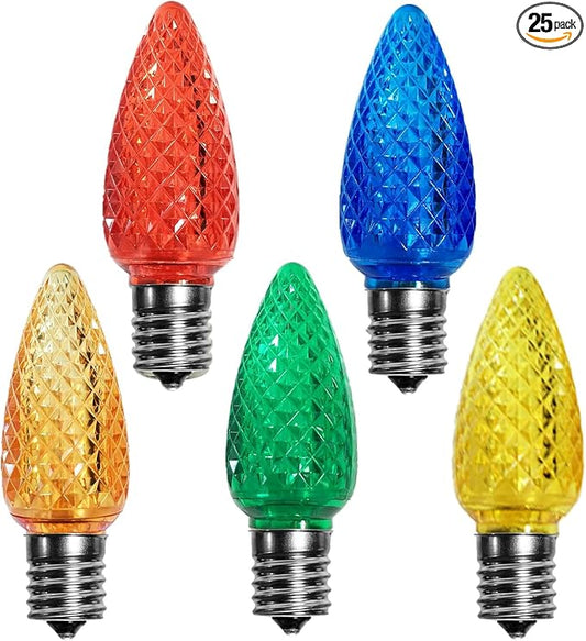 echosari 25 Pack C9 LED Replacement Christmas Light Bulbs for Outdoor String Light, 0.8W UL Listed Commercial Grade Holiday Bulbs, C9/E17 Candelabra Base Sockets (Multicolor)