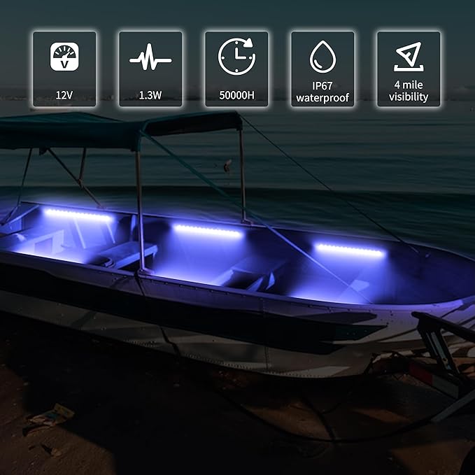 LED Boat Interior Lights, Boat Led Strip Lights Marine Waterproof Marine Lighting Strip Night Fishing Lighting for Pontoon, Dinghy, Kayak, Yacht,4 Pcs, Blue