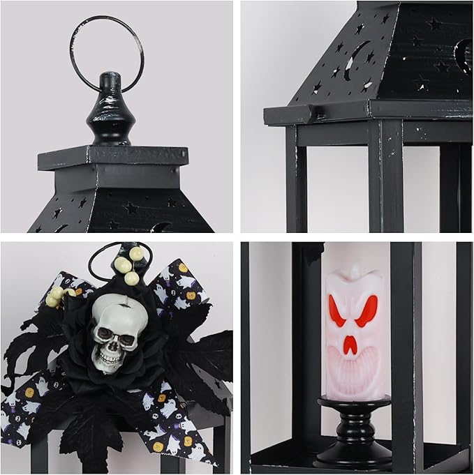 DECORKEY Halloween Decorations Indoor, 14.7" Decorative Candle Lantern with Skull Ornaments & LED Candle, Metal Hanging Spooky Halloween Lanterns for Outdoor Home Room Door Table Porch Party Decor