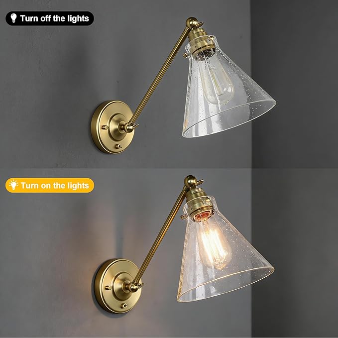 Industrial Vintage Slope Pole Wall Mount Single Sconce with Funnel Flared Clear Glass Shade, Swing Arm Wall Sconce Light Lamp Fixture Hardwired