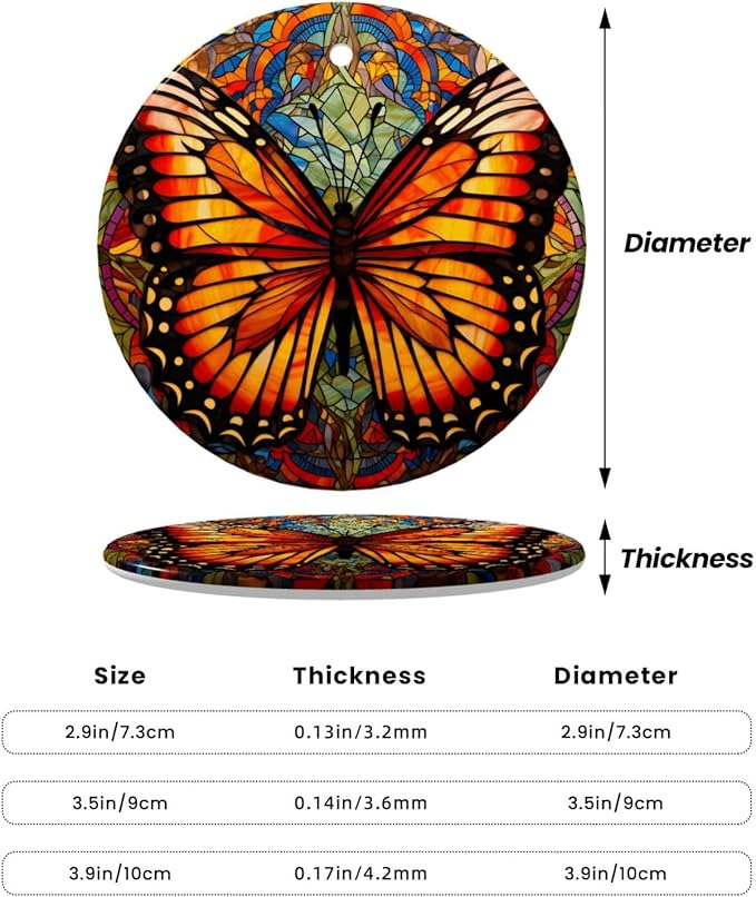Butterfly Boho Glass Painting Christmas Ornaments, Christmas Decorations Xmas Tree Hanging Ornaments, Round Ceramic Festive Keepsake Gift for Xmas Decorations Holiday Home Decor