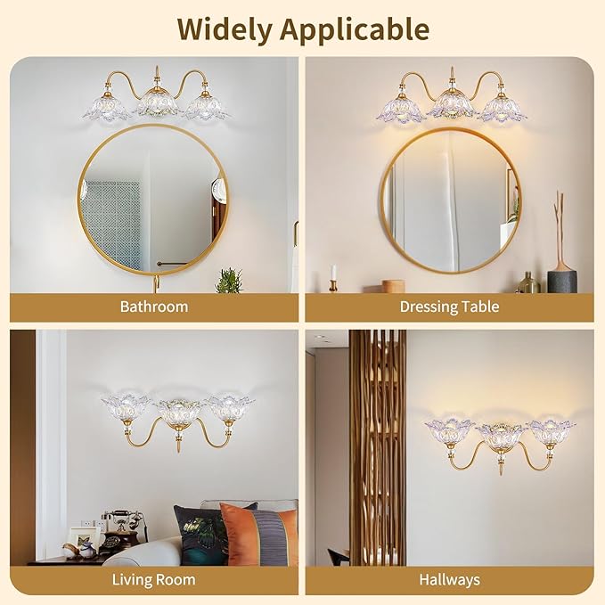 Vintage Bathroom Vanity Light, 3-Light Matte Brass Finish Vanity Light with Flower-Shaped Rainbow Glass Shades, Retro Wall Sconce for Bathroom