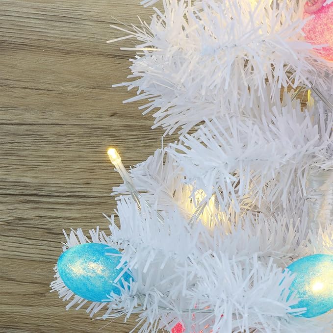 Dynaming 2 Pack Easter Table Decorations, 23 Inch Lighted Easter Bunny White Tree, Pre-lit Artificial Tabletop Tree with Ears & Eggs, Battery Operated Light Up for Indoor Spring Home Bedroom Decor
