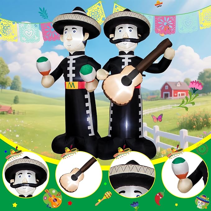 6FT Cinco de Mayo Inflatable Mariachi with LED Lights - Outdoor/Indoor Blow Up Decor for Mexican Fiesta, Halloween, Holiday Parties - Giant Festive Decoration