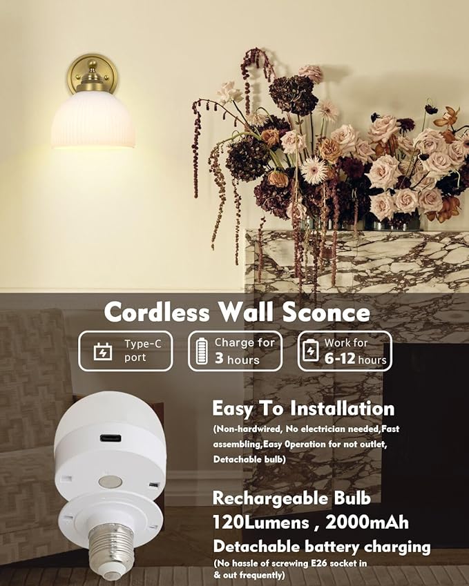 HEQIQEH Vintage Rechargeable Battery Operated Sconce Ribbed White Glass Shade Wall Lighting with Remote Control Dimmable Wall Mounted Lamp Fixture for Bedroom Vanity Bathroom Living Room