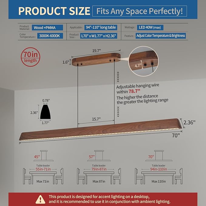 70" Wood Linear Pendant Light, Dimmable Kitchen Island Lighting with Remote, 30W LED Island Lights for Kitchen, Adjustable Linear Chandelier for Dinning Room Light Fixture, Bar, Pool Table - Walnut