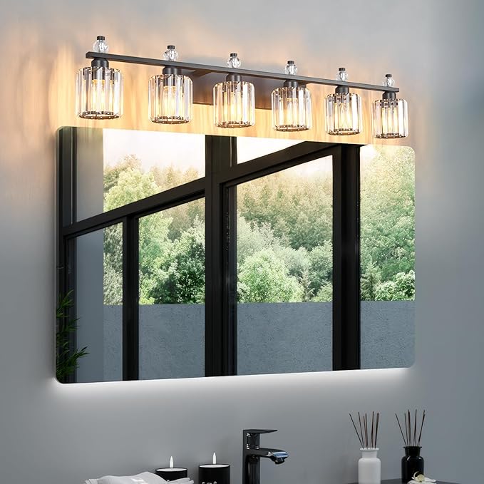 Bathroom Vanity Lights 6-Light Sand Black Modern Crystal Vanity Light Fixtures Over Mirror Crystal Bathroom Vanity Lighting Fixtures