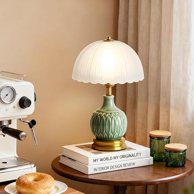 Ceramic Table lamp, Modern Bedside Lamps Green Mid Century Vintage Desk Lamp Retro Glass Mushroom Traditional Lamp for Nightstand Living Room Bedroom Home Decor (S03GN-1PACK)