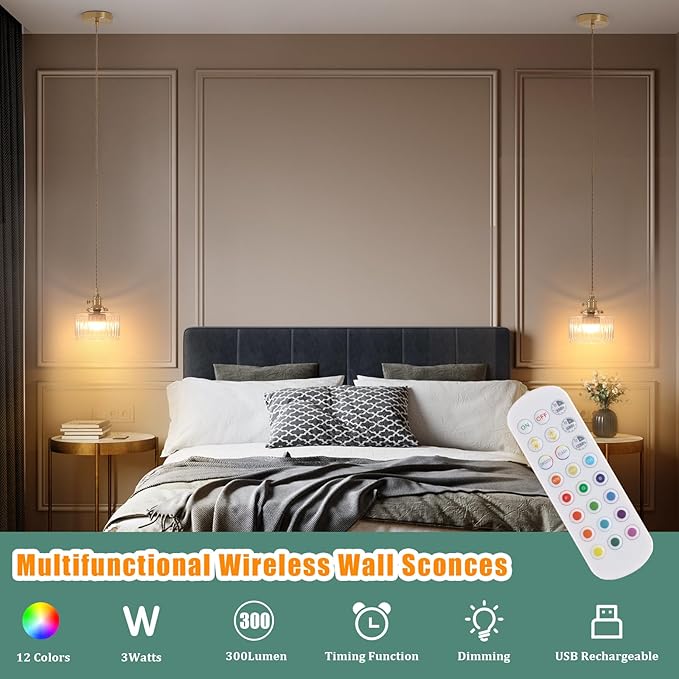 Battery Operated Pendant Light 5000mAh Rechargeable Chandelier with Remote Control Wireless Adjustable Hanging Clear Striped Light for Kitchen Island Dining Room Hallway