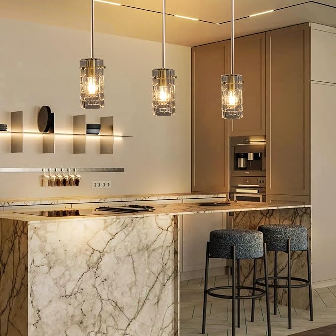 Clear Glass Pendant Light, Modern Cylinder Pendant Lighting with Rigid Rod & Tilt-Swivel Canopy, Adjustable Height up to 47", E26 1-Light for Kitchen Island, Sink, Bar, Dining Room