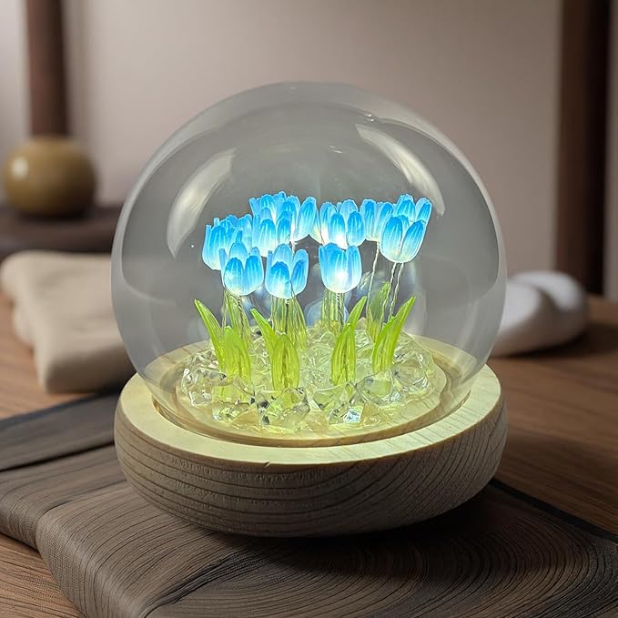 Tulip Lamp Glass Globe - Illuminated Flower Lamp with Glowing Blooms on Wooden Base - Battery-Powered Decorative Night Light for Bedroom, Living Room & Home Decor