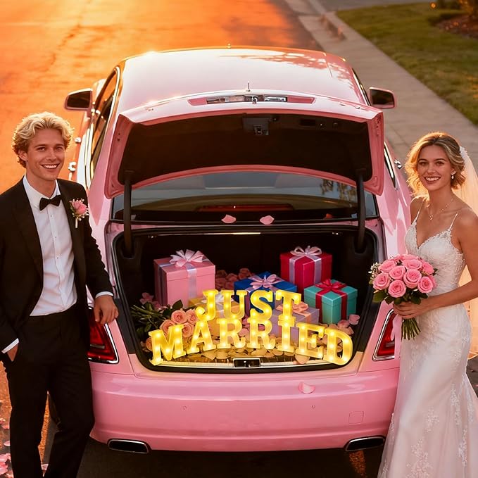 11 Pcs Just Married Large LED Letter Sign Just Married Sign LED Lights Wedding Ceremony Backdrop Decorations Battery Powered Table Decoration for Wedding Proposal Engagement