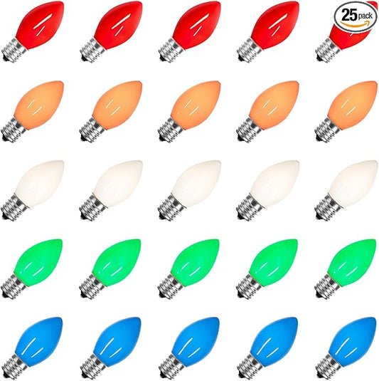 25 Pack Multicolor C7 Christmas Lights Replacement Bulbs Vintage Ceramic Multi-Colored Light Bulbs for Christmas Tree & Indoor Outdoor Xmas Lights C7 Replacement Bulbs, E12 Base, 5W