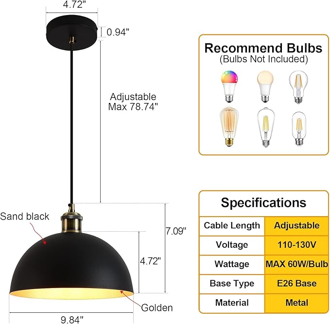 Vintage Industrial Pendant Light 9.84 "Industrial Dome Pendant Light Black and Gold Finish Lighting lamp line Length Pendant light78.74 Kitchen Island, Bedroom, Corridor