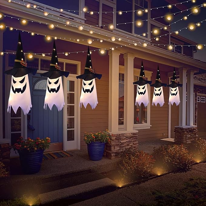 32 inches Giant Halloween Decorations Large Outdoor Decor Hanging Lighted Glowing Ghost Witch Hat Indoor Outside Ornaments Clearance Party Lights String for Yard Tree Garden(3Pcs)