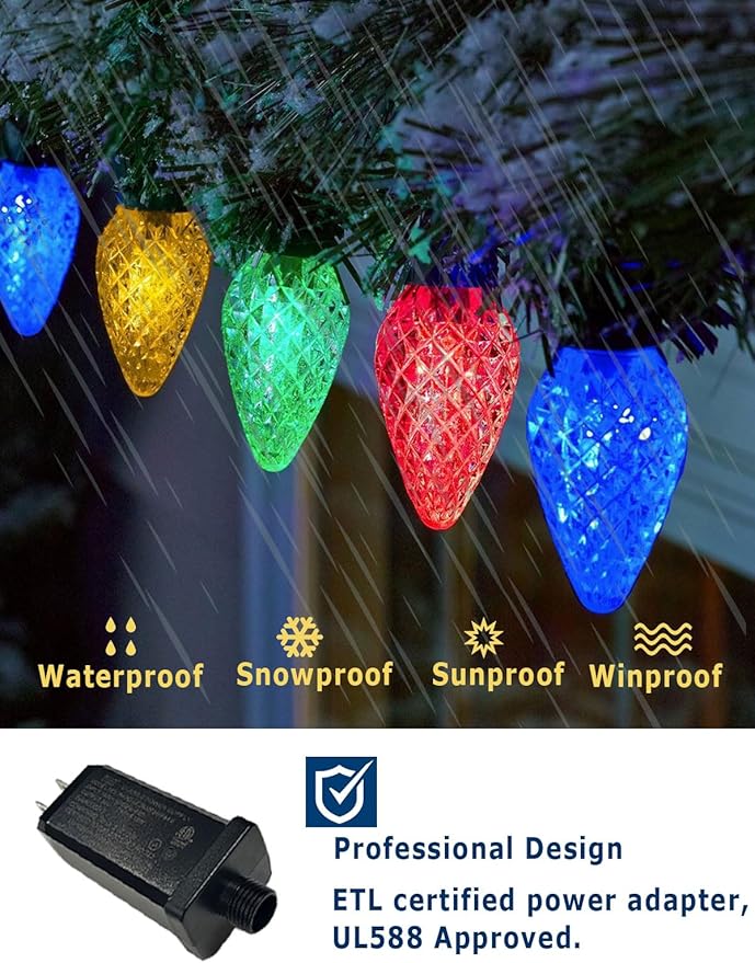 HIITEN Bluetooth C9 Christmas Lights Outdoor 39FT 50LEDs, DIY Chasing Effects Smart LED Christmas Lighting, APP Remote Controlled Extendable Color Changing Xmas Light with Timer Music Sync