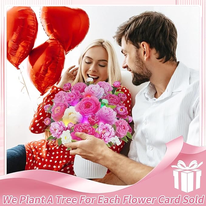 Birthday Cards with MUSIC & LIGHTS, Pop Up Happy Birthday Cards, Pink Penoy, 10 Inch Life Sized Forever Flower Bouquet Greeting Card Gifts for Women Mom Grandma