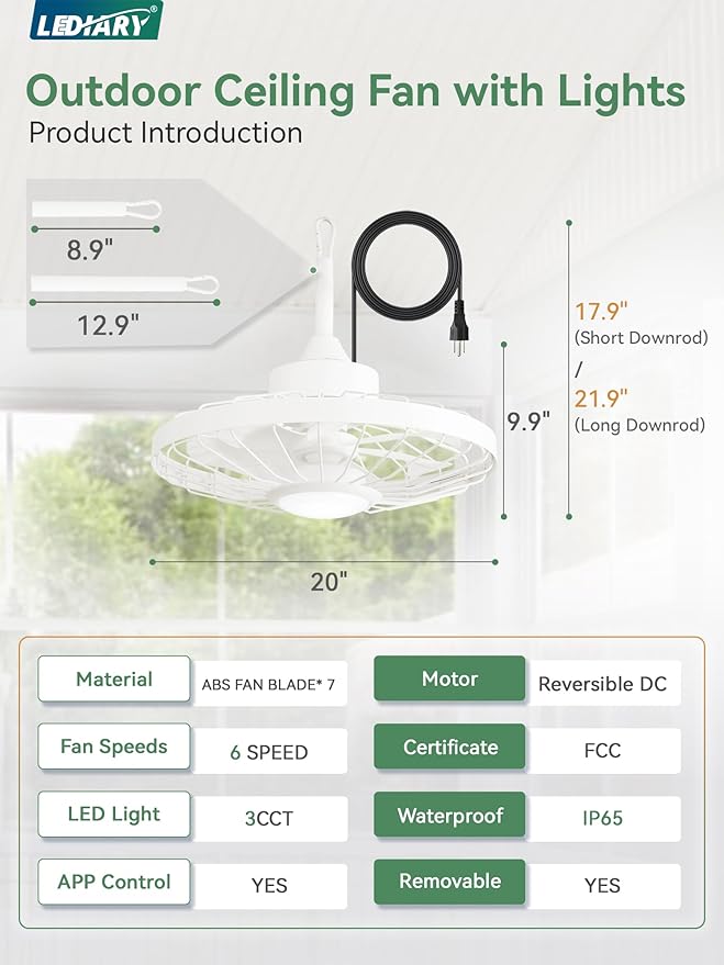 LEDIARY 20" Outdoor Ceiling Fan with Lights,IP65 Waterproof Gazebo Hanging Fan with Remote Control Smart App, Plug in Caged Ceiling Fan with 3CCT 6-Speeds for Patio Porch Pergola(White)