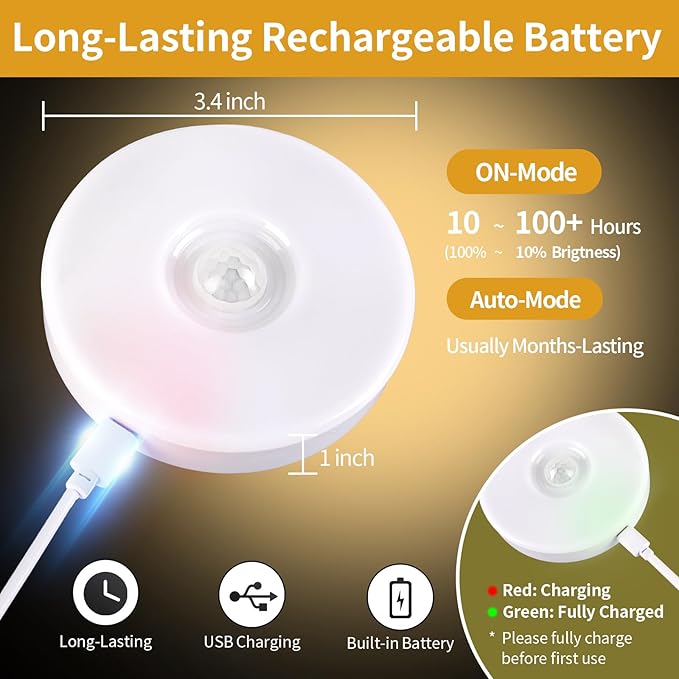 RGB LED Rechargeable Motion Sensor Night Light with Remote, Bright & Dimmable & Long-Lasting Battery, Stick-On Puck Light for Kitchen, Cabinet, Closet, Stairs - Warm & RGB, 2Pack