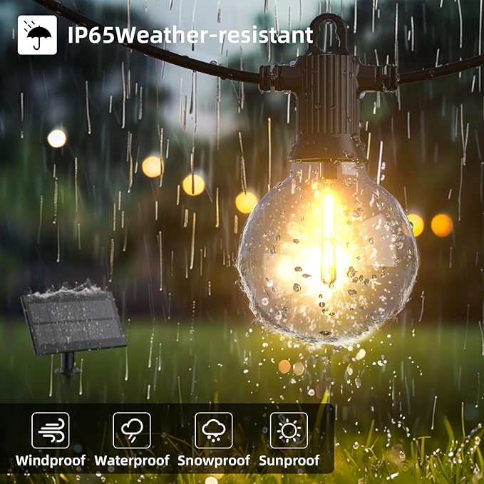 Kawaya Solar Powered String Lights for Outside, Outdoor IP65 Waterproof LED Patio Light with USB-Charging, Shatterproof Edison Hanging Lights for Bistro Yard Cafe Porch Camping (Solar-Power 100FT)