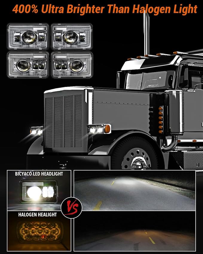 BICYACO DOT 120W 4x6 Inch LED Headlights DRL Rectangular Replacement H4651 H4652 H4656 H4666 H6545 Compatible with Peterbilt Kenworth Freightinger Ford Probe Oldsmobile Cutlass(4 PCS)